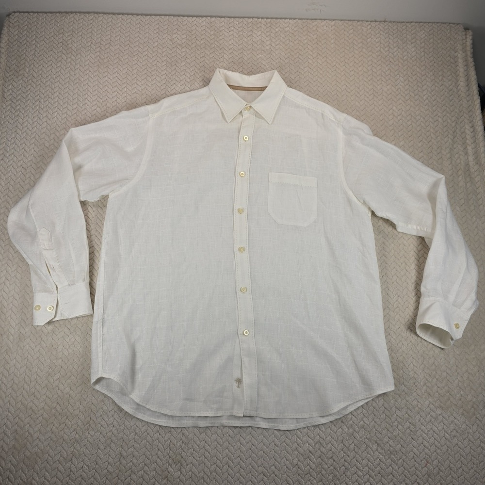 Tommy Bahama Mens White 100% Linen Windowpane Long Sleeve Button Down Shirt M